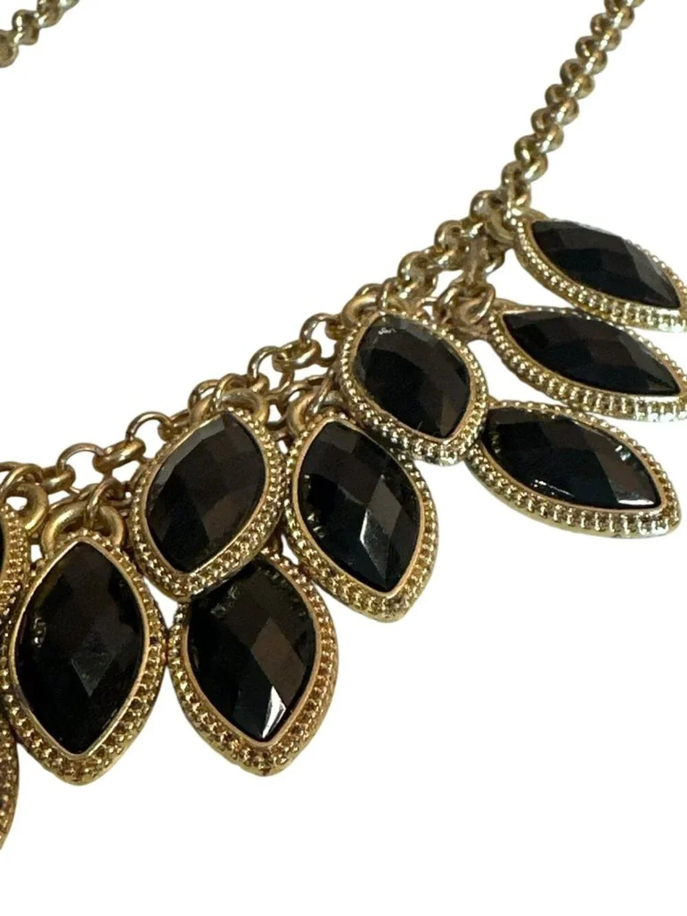Gold-Tone Necklace Black Marquise Faceted Beads Bib Chunky Career Elegant